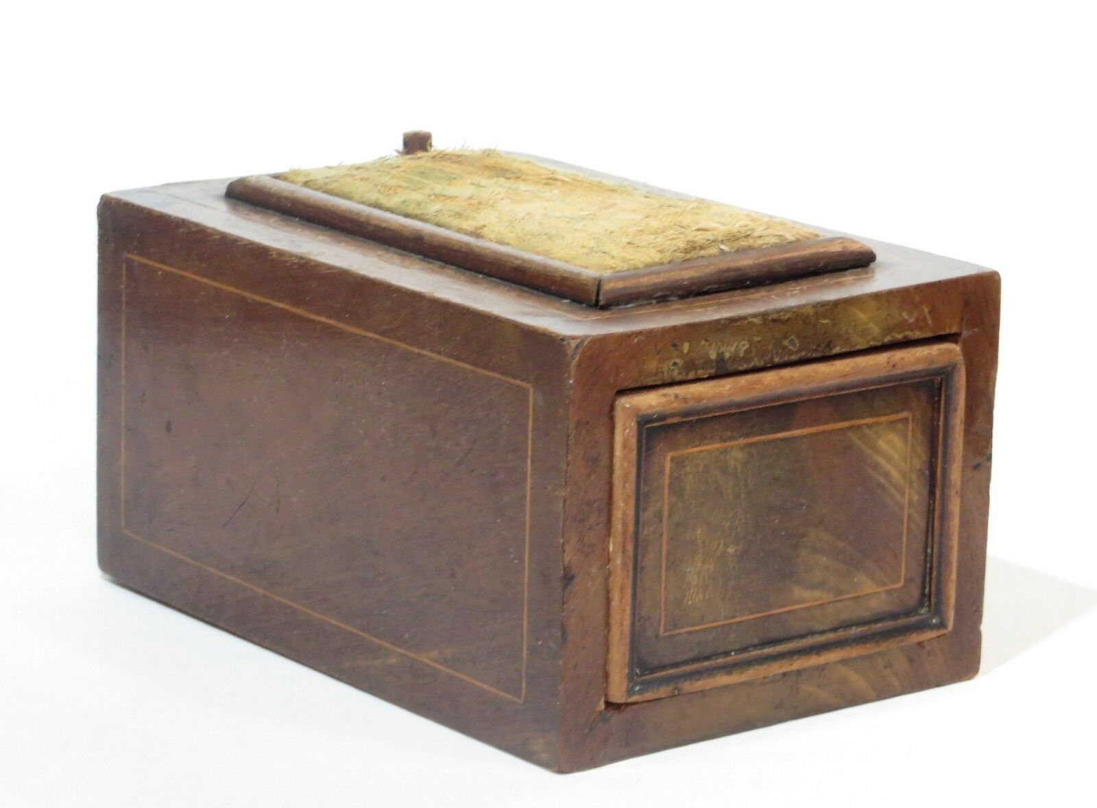 Antique Pin Cushion Wood Sewing Box W/ Opening Mechanism