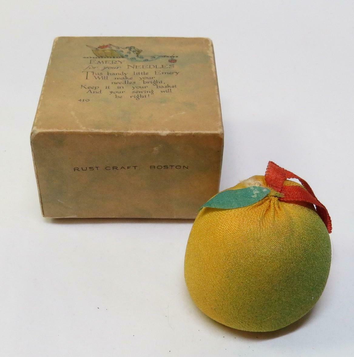 Antique Silk Peach Emery Pin Cushion & Original Box W Verse On The Lid