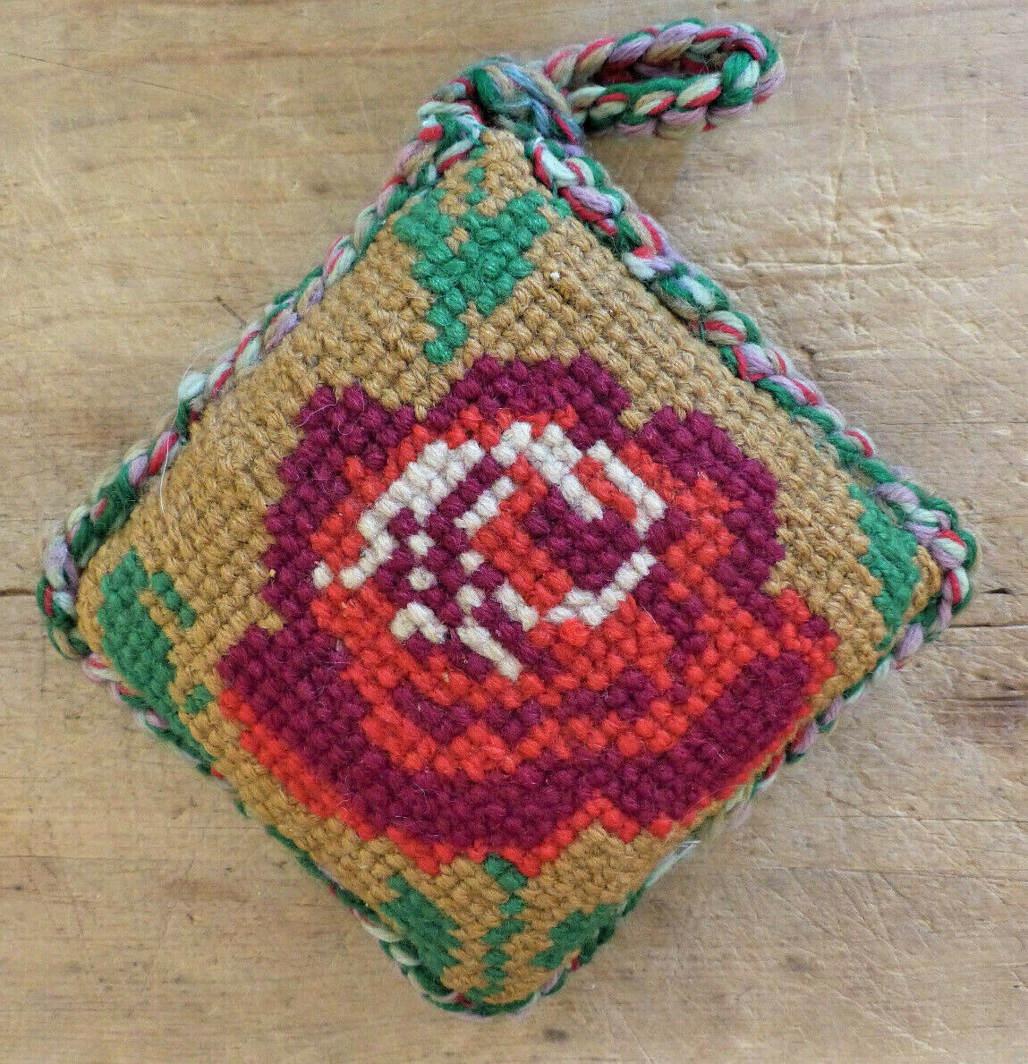 Antique Pa Folk Art Mennonite Amish Needlepoint Floral Wool Yarn Pincushion #2